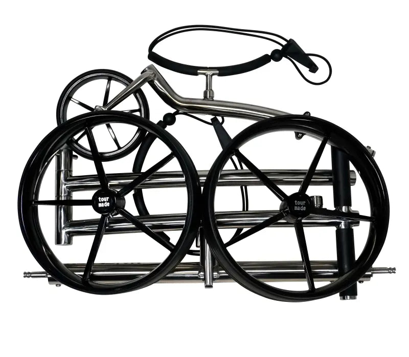 Silberner Haicaddy HC9S Facelift Golftrolley mit vier großen schwarzen Rädern und minimalistischer Rahmenkonstruktion.