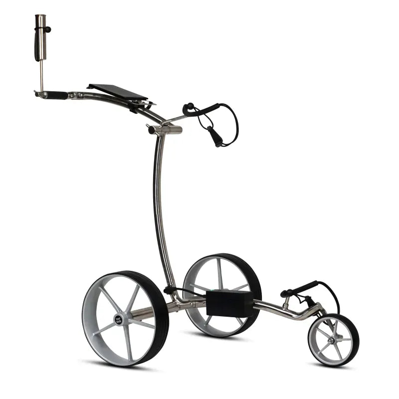 Elektrischer Golftrolley Haicaddy HC9S in Silber mit schwarzem Griff und großen Rädern.