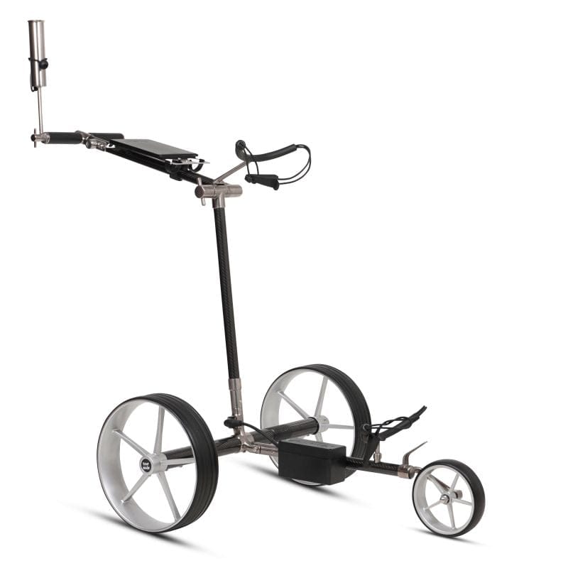 Elektrischer Golftrolley Haicaddy HC9TiC mit Carbonrahmen und drei großen Rädern in Schwarz.
