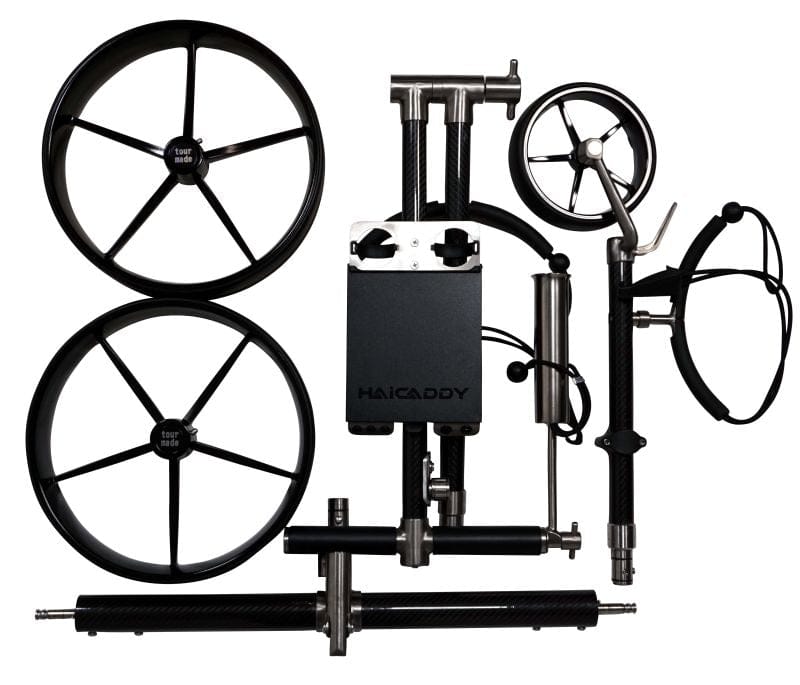 Haicaddy HC9TiC Golftrolley Ersatzteile Set mit Carbonrädern und schwarzem Akkuhalter.
