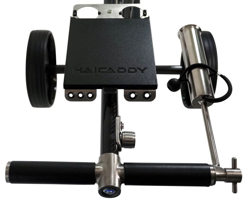 Schwarzer Haicaddy HC9TiC Golftrolley-Lenker mit Carbon-Details und Halterung.