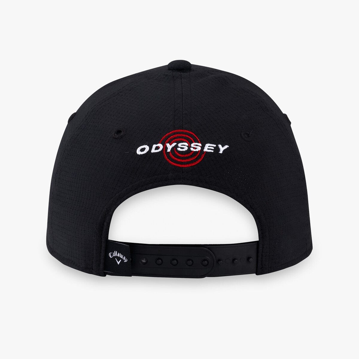 Schwarze Callaway Junior Golfkappe mit weißem Odyssey-Logo und verstellbarem Verschluss.
