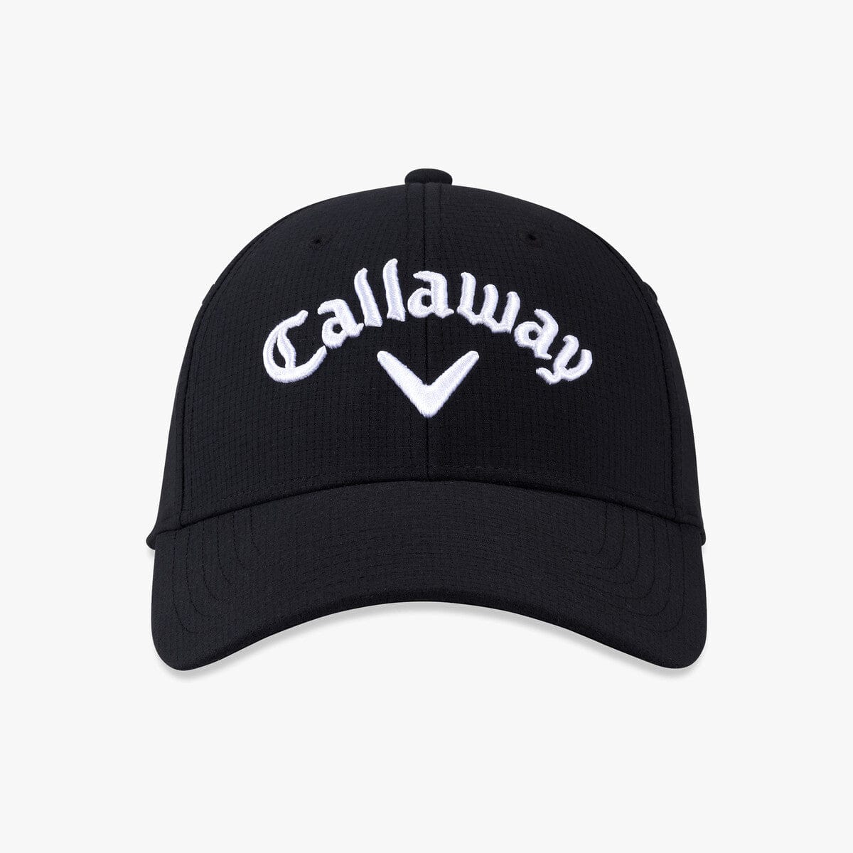 Schwarze Callaway Junior Golfmütze mit weißem Logo vorne und gebogenem Schirm.