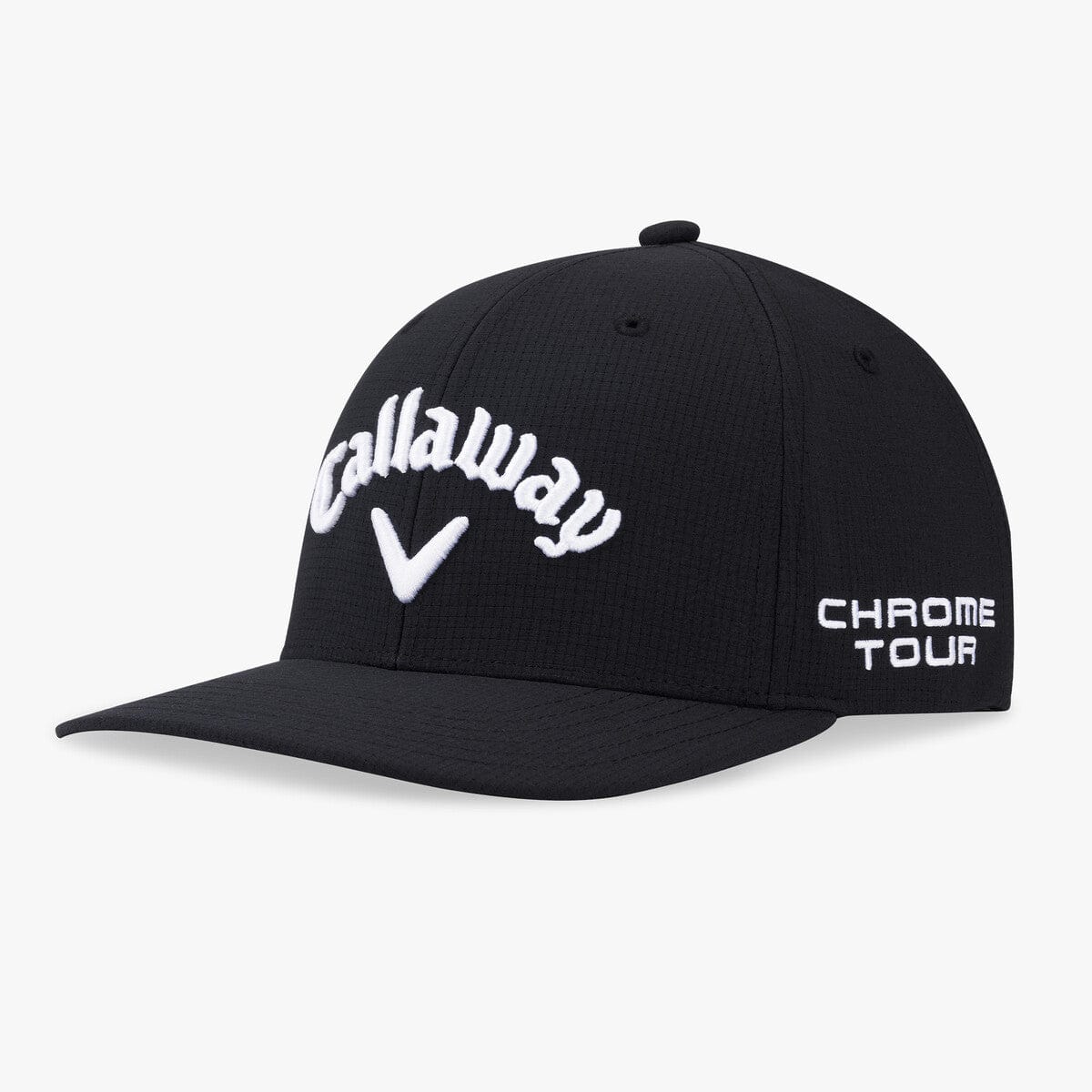 Schwarze Callaway Golfkappe mit weißem Logo und "Chrome Tour"-Schriftzug seitlich.