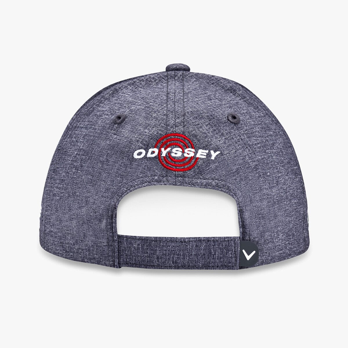 Golfmütze in Heather-Charcoal mit verstellbarem Verschluss und weiß-rotem Odyssey-Logo hinten.