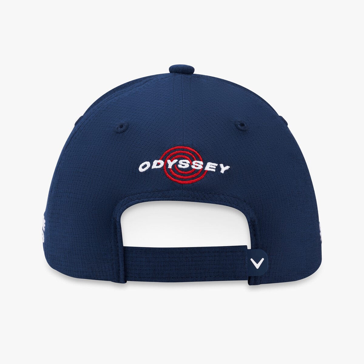 Marineblaue Callaway Golfkappe mit verstellbarem Verschluss und rot-weißem Odyssey-Logo hinten.