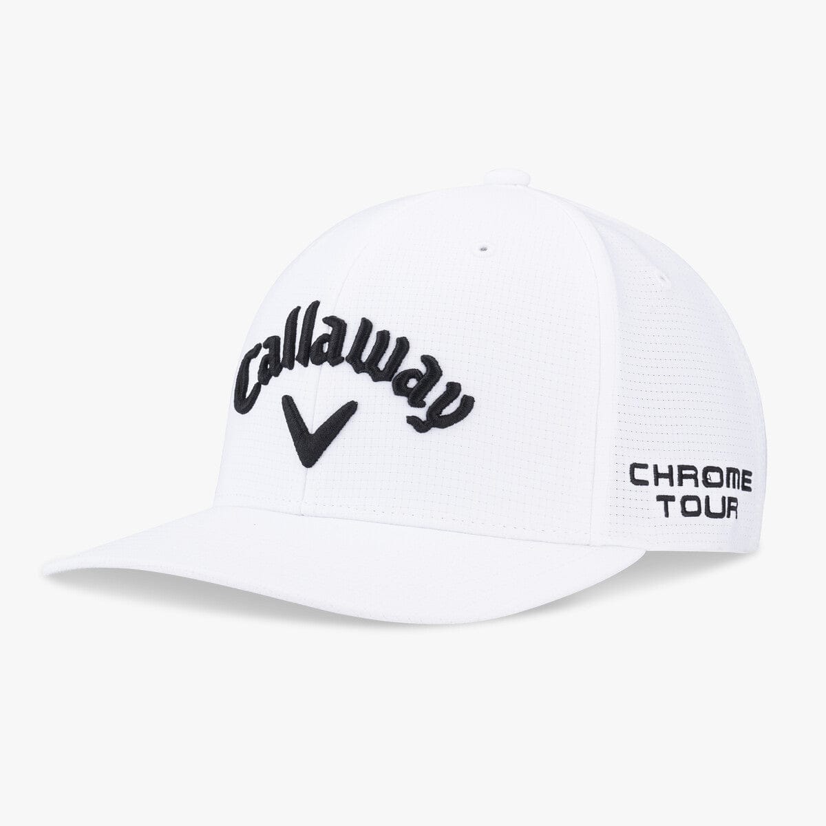 Weiße Callaway Golfkappe mit schwarzem Logo und Schriftzug "Chrome Tour" am Seitenpanel.