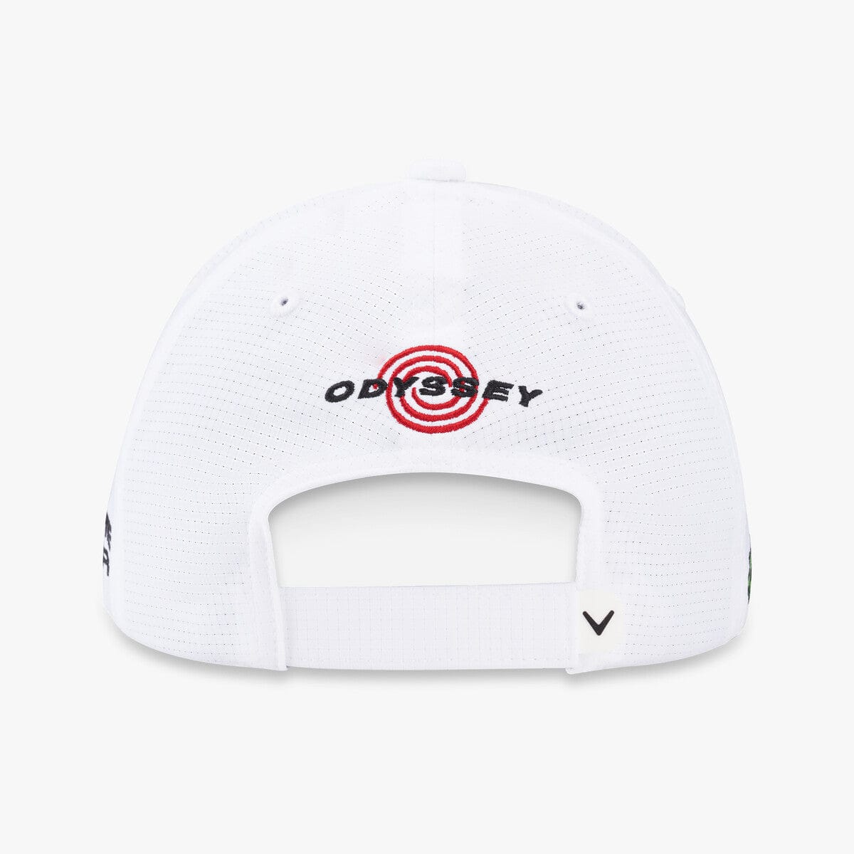 Weiße Callaway Golfkappe mit verstellbarem Klettverschluss und schwarzem Odyssey-Logo hinten.