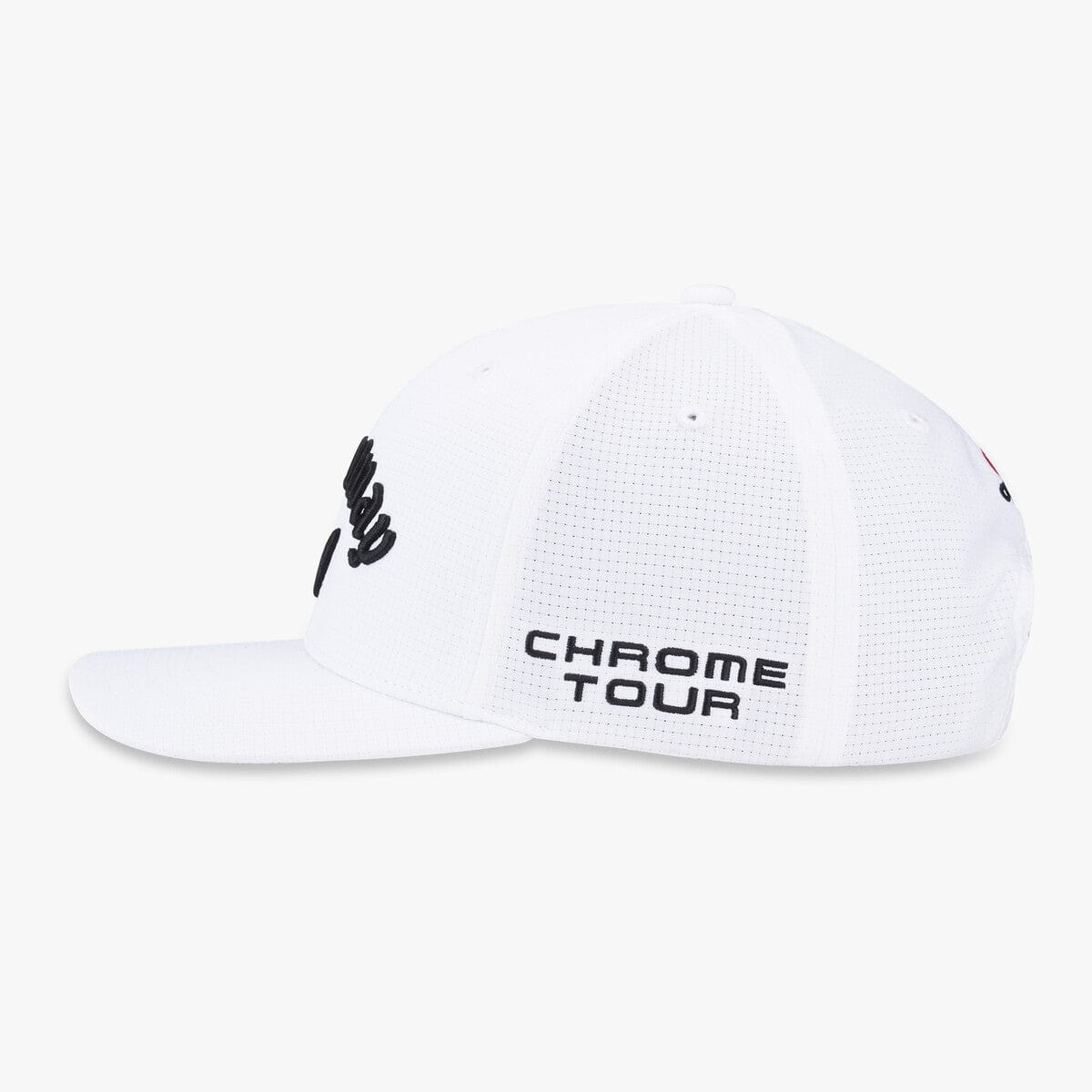Weiße Callaway Tour Golfmütze mit Logo vorne und „Chrome Tour“-Schriftzug seitlich.