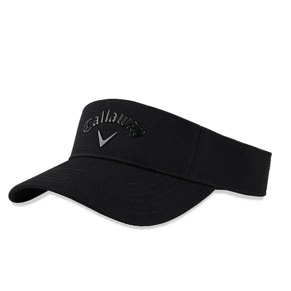 Schwarzes Callaway Liquid Metal Visor mit schwarzem Logo-Stick und verstellbarem Klettband.