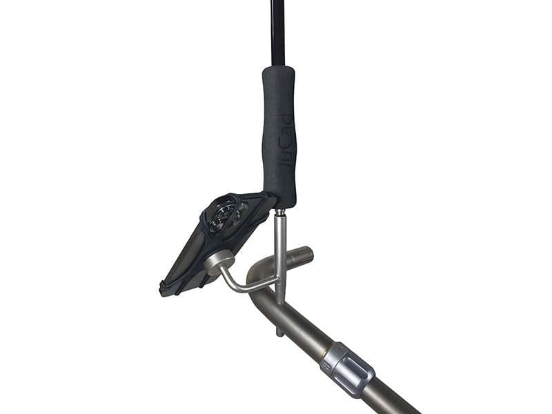 JuCad Handyhalter aus Metall mit schwarzem Schaumstoffgriff und Befestigungsklammer.