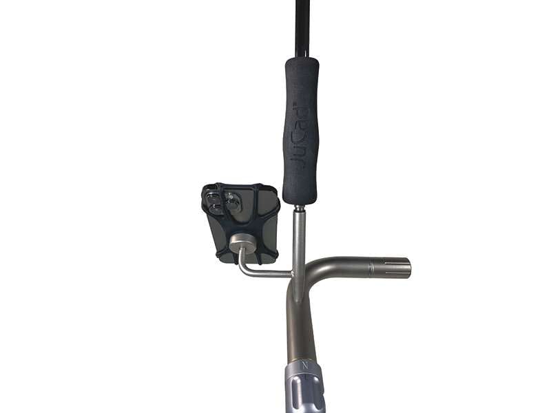 JuCad Handyhalter aus Metall mit Schaumstoffgriff und Befestigung für Regenschirmverlängerung.