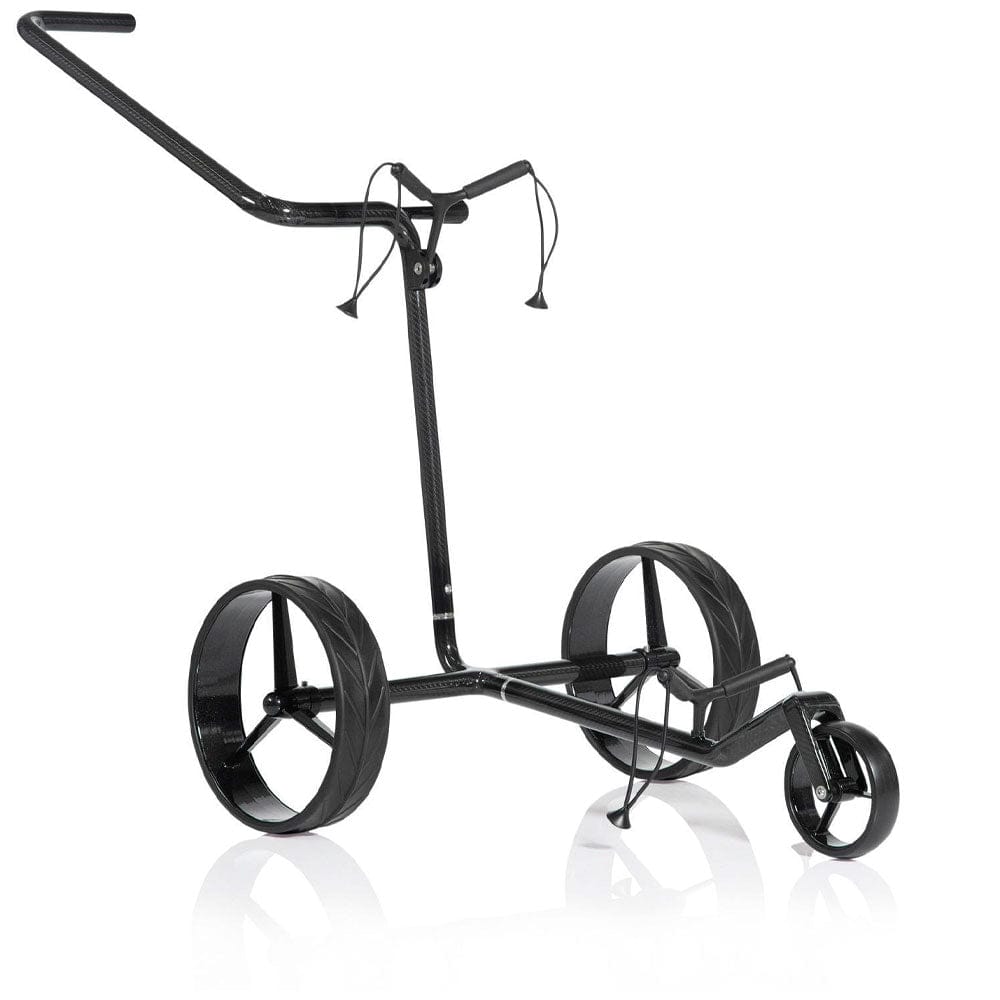 Schwarzer glänzender drei-Rad Golftrolley mit stabilem Rahmen und ergonomischem Griff.
