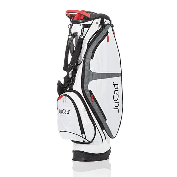 Weiß-rotes JuCad Fly Hybrid Golfbag mit mehreren Taschen und schwarzem Tragegurt.