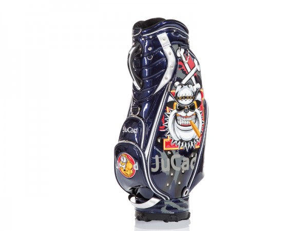 Blau-schwarzes JuCad Luxury Cartbag mit buntem Löwen-Design und mehreren Taschen.