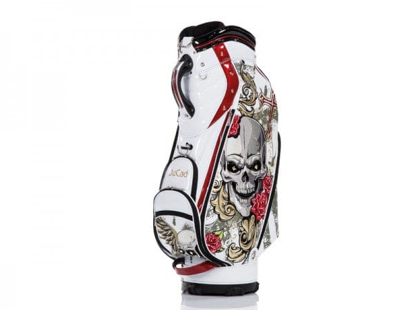 Weißes JuCad Cartbag mit Totenkopf- und Rosenmotiv in Rot und Schwarz.