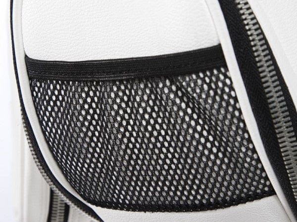 Weißer Jucad Cartbag mit schwarzer Netz-Außentasche und Reißverschlussdetail.