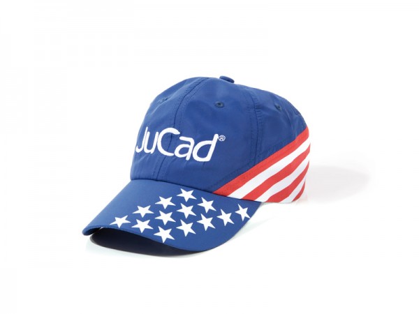 Blau-orange Golfmütze mit JuCad GT Logo, USA-Flaggenmuster auf Schirm und Seiten.