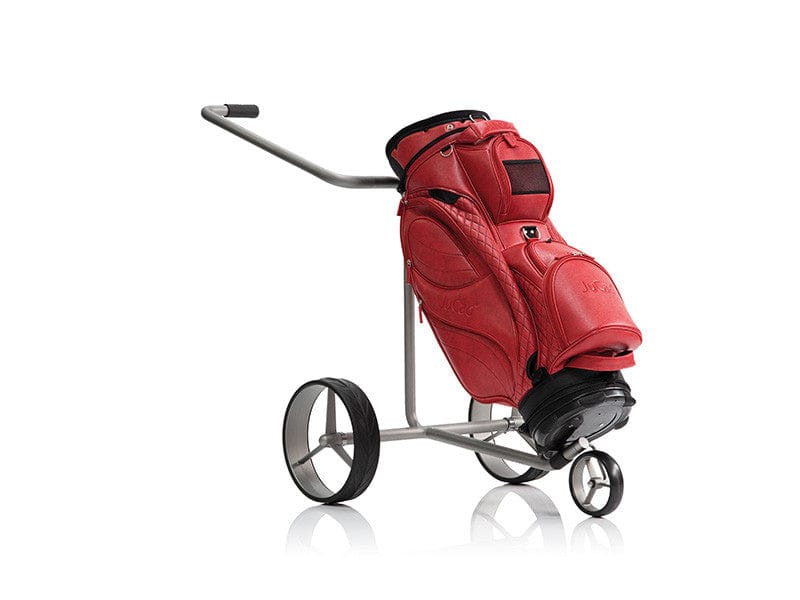 Roter JuStar SILVER 3-Rad manuell Golftrolley mit Metallrahmen und Griff.