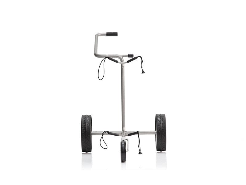 Silberner JuStar 3-Rad Golftrolley mit schwarzem Griff und stabilem Metallrahmen.