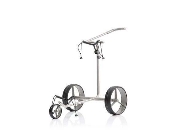 Silberner Justar Titan Classic Elektrotrolley mit drei Rädern und klappbarem Griff.