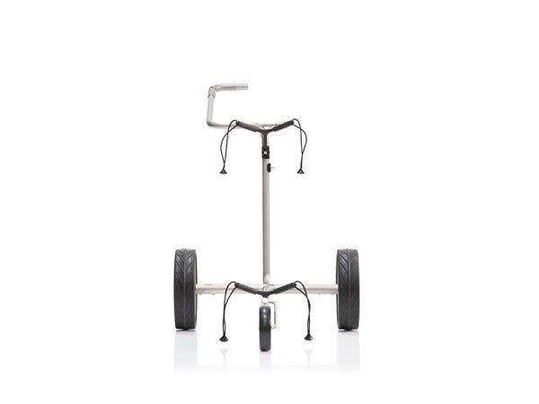 Elektrischer Golftrolley Justar Titan Classic 1.0 mit robustem Metallrahmen und großen Gummireifen.
