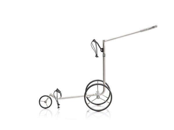 Silberner Justar Titan Classic Elektrotrolley mit großem Hinterrad und kleinem Vorderrad, klappbar.