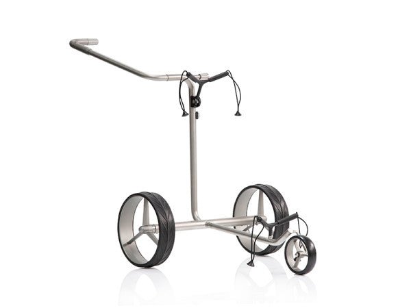 Elektrischer Golftrolley Justar Titan Classic 1.0 mit silbernem Rahmen und drei Rädern.