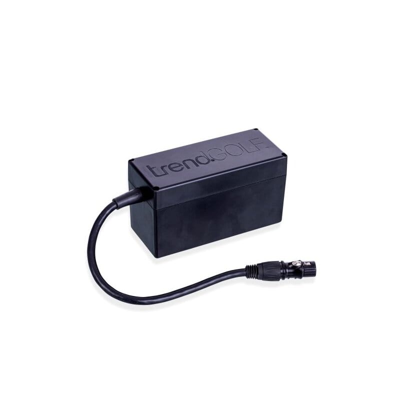 Schwarzer Lithium-Ionen-Akku mit angeschlossenem Kabel und Steckverbinder, rechteckig, kompakt.