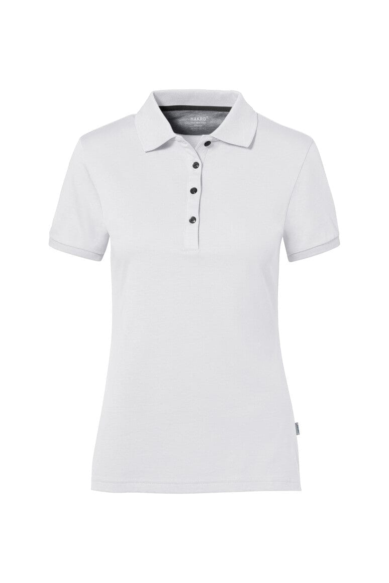 Weißes Damen Poloshirt aus Baumwolle mit kurzer Knopfleiste und klassischem Kragen.