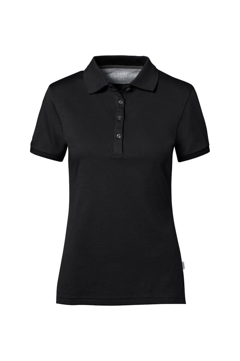 Schwarzes Damen-Poloshirt aus Baumwolle mit kurzem Arm und Knopfleiste.