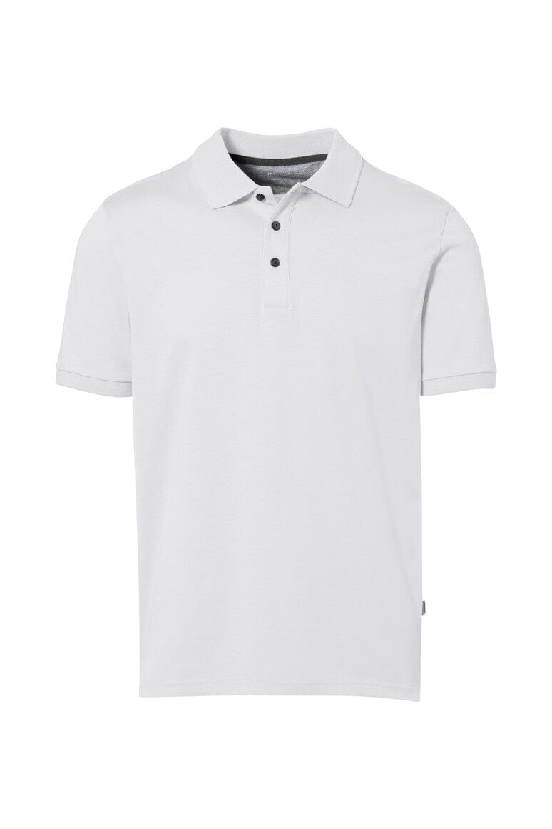 Weißes HAKRO Cotton Tec® Poloshirt mit kurzem Arm und Knopfleiste.