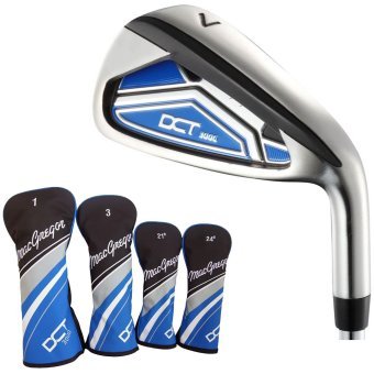 MacGregor DCT3000 Golfschläger-Eisen mit blauen und schwarzen Schlägerhauben in verschiedenen Größen.