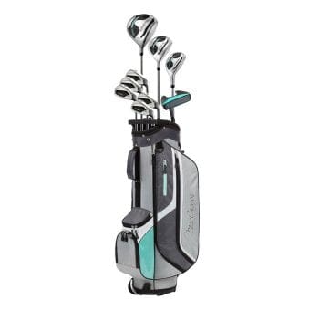 MacGregor CG3000 Damen Golfschläger-Set mit Carrybag in Grau und Türkis, 6 Holz- und Eisen-Schläger umfasst.