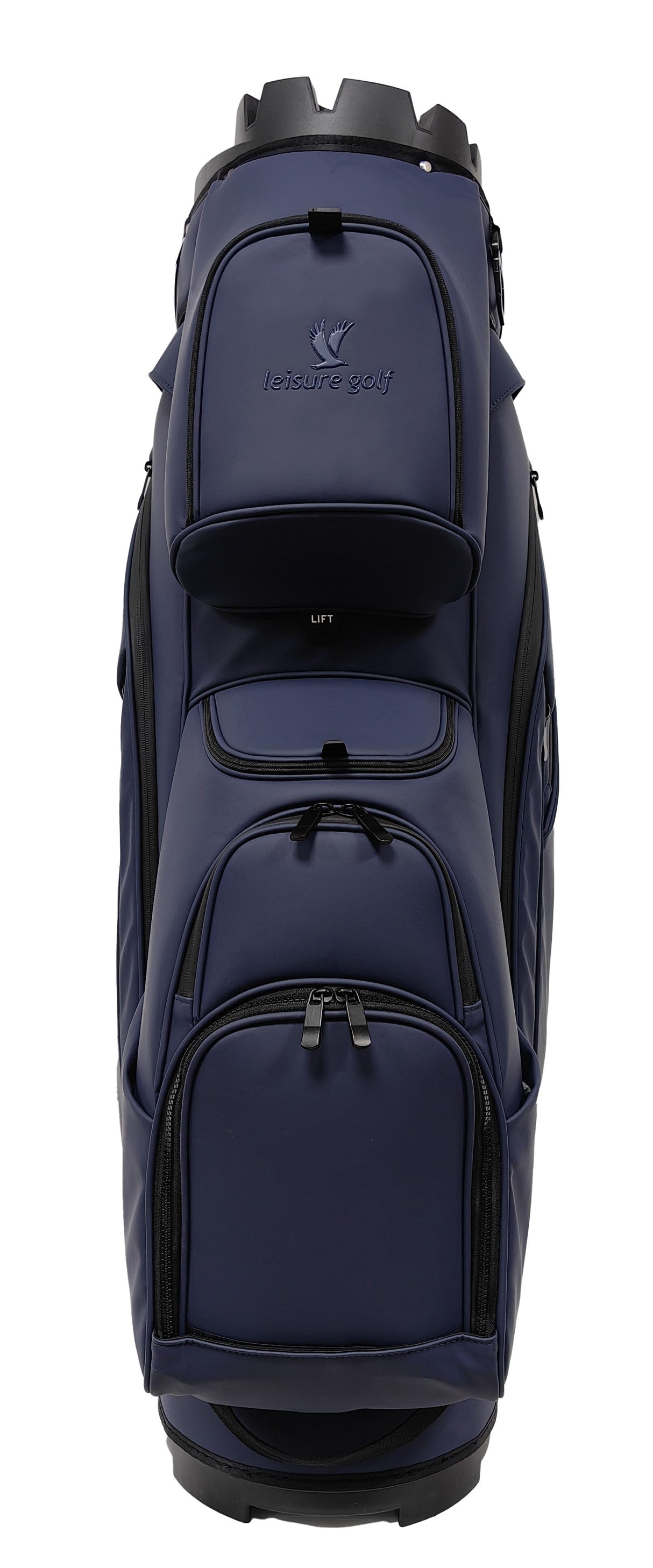 Dunkelblaues PU-Cartbag mit mehreren Reißverschlusstaschen und geprägtem Logo.