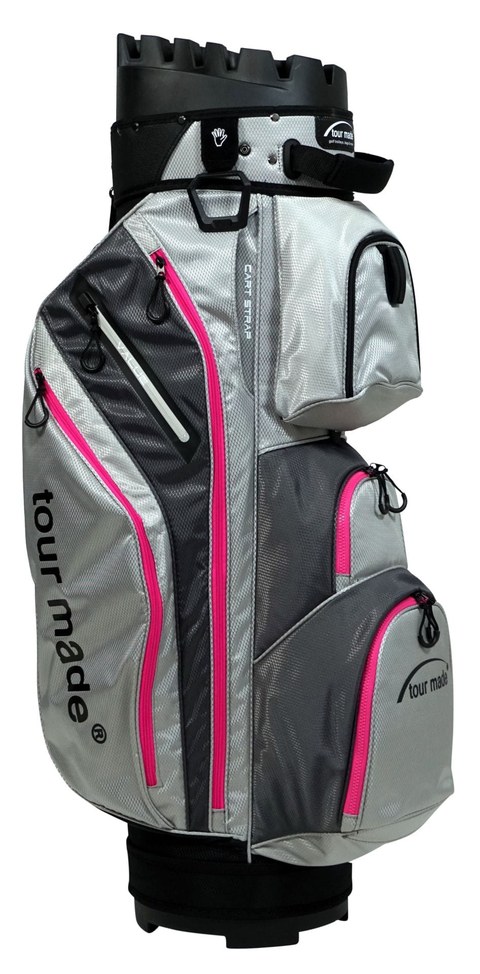 Graues Tour Made Organizer Golfbag mit schwarzen und pinken Akzenten, mehreren Taschen und Logo.