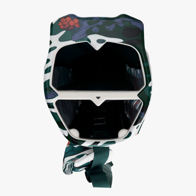 Golf-Standtasche OGIO Funday 2025 in grün-blauem Wave-Camo-Muster mit zwei großen Fächern.