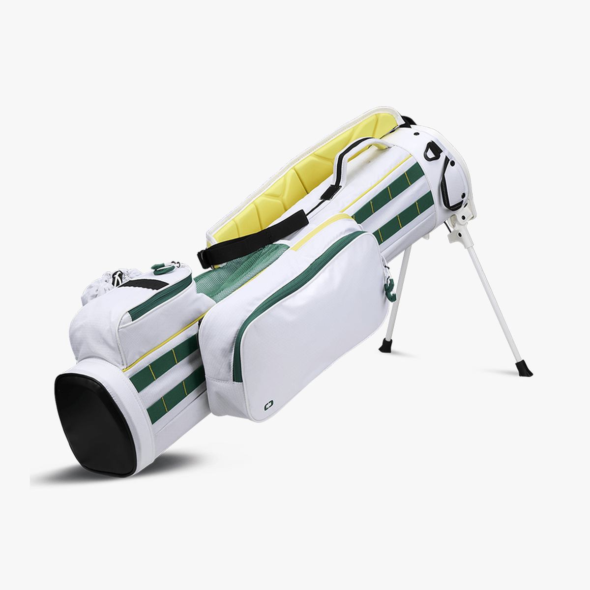 Weißes OGIO Funday Stand Golfbag mit grünen Streifen und ausklappbarem Standfuß.