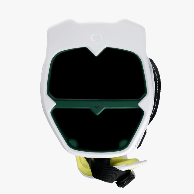 Weißes OGIO Funday Stand Golfbag mit schwarzem Stauraum und gelben Akzenten, seitlicher Griff.