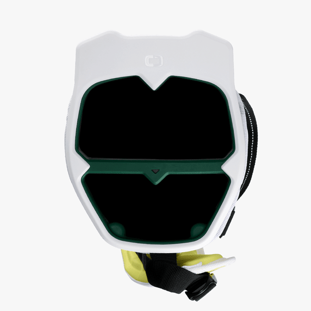 Weißes OGIO Funday Stand Golfbag mit schwarzem Stauraum und gelben Akzenten, seitlicher Griff.