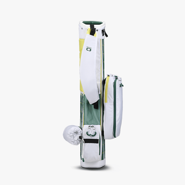 Weiß-grünes OGIO Funday Stand Golfbag mit mehreren Taschen und verstellbarem Schultergurt.