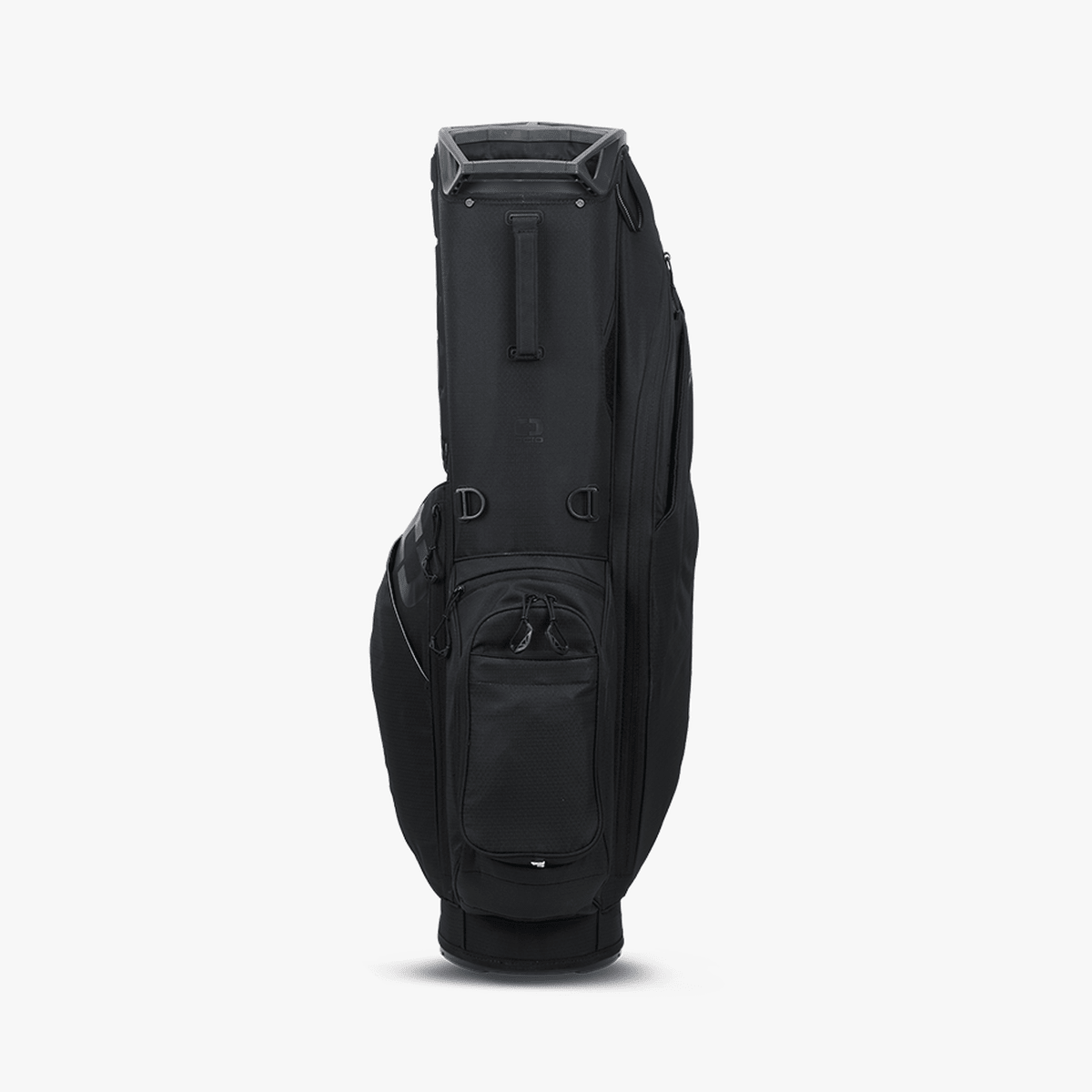 Schwarzer OGIO Fuse Stand Golfbag mit mehreren Taschen und Tragegriff.