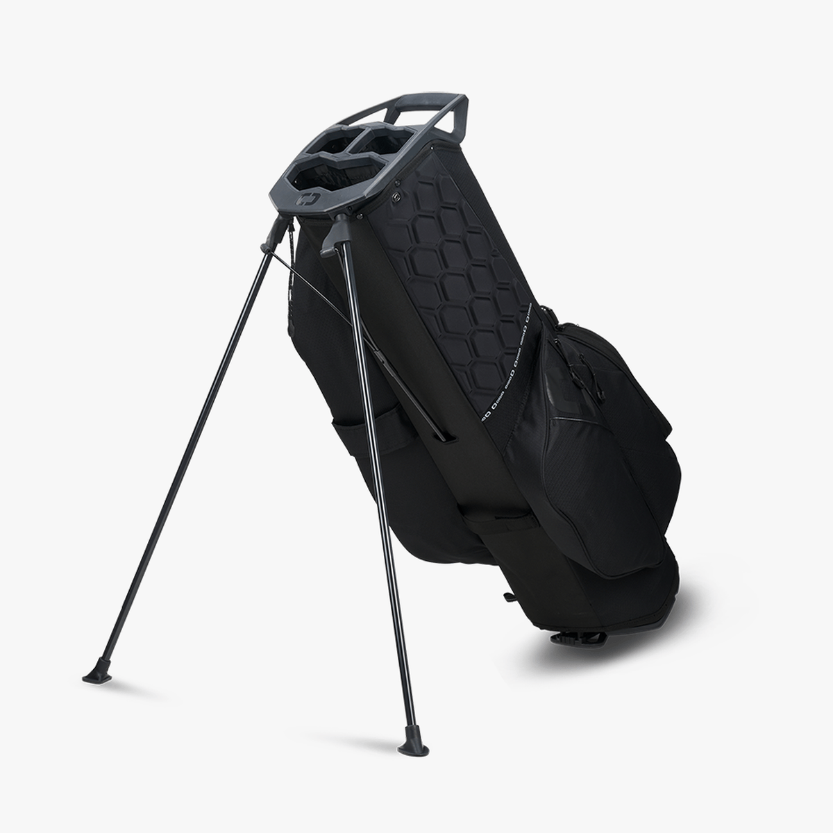 Schwarzer OGIO Fuse Stand Golfbag mit hexagonalem Muster und integriertem Stauraum.