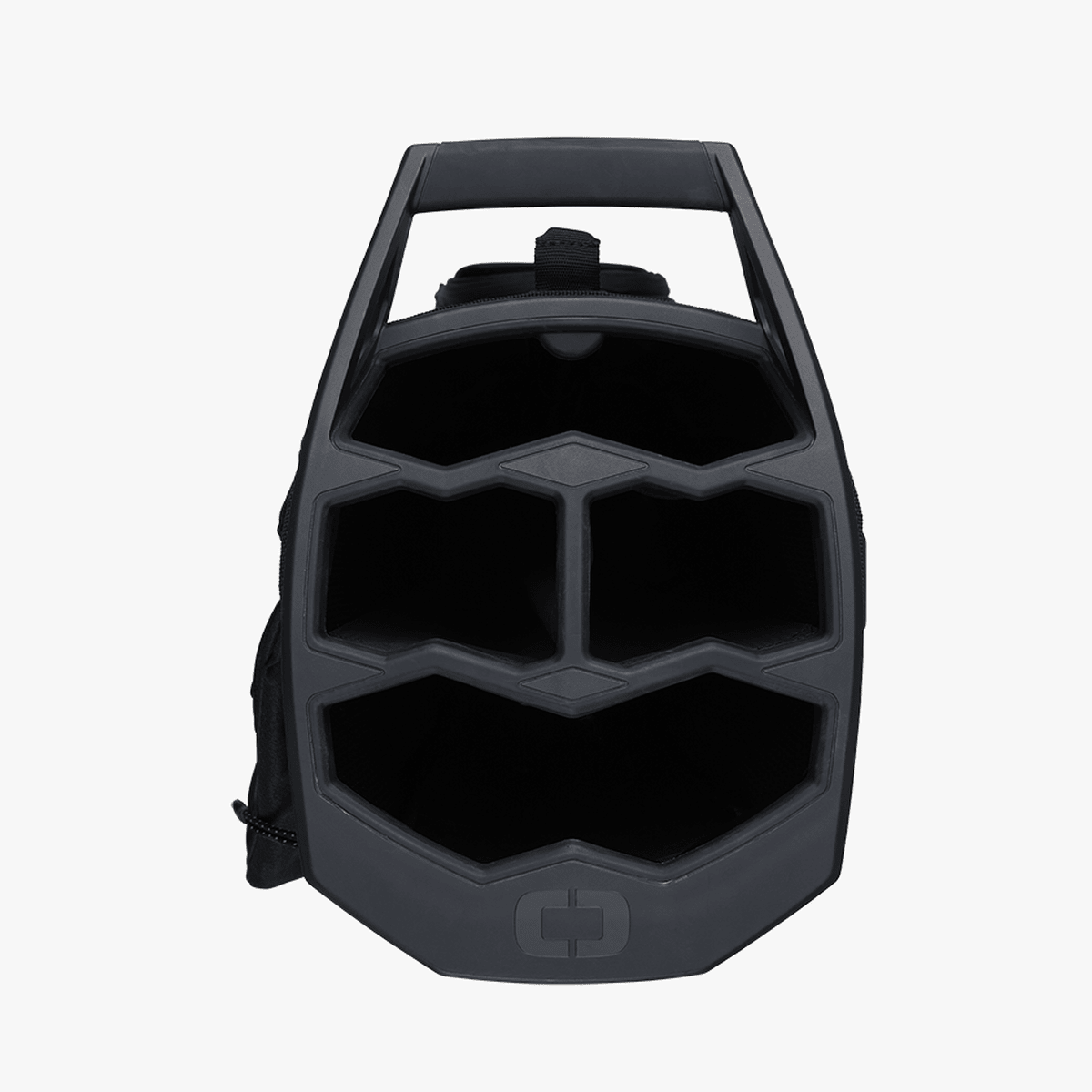 Schwarzer OGIO Fuse Stand Bag 2025 mit sechsfachem Top-Organizer und Tragegriff.