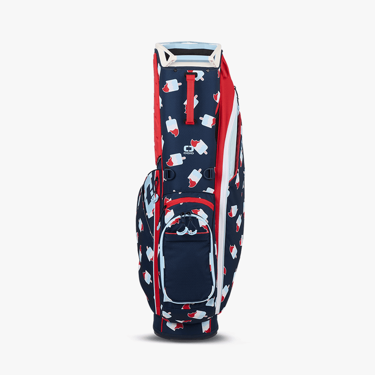 Golf-Standbag OGIO Fuse mit rot-weiß-blauem Rocket Pop-Muster und mehreren Taschen.