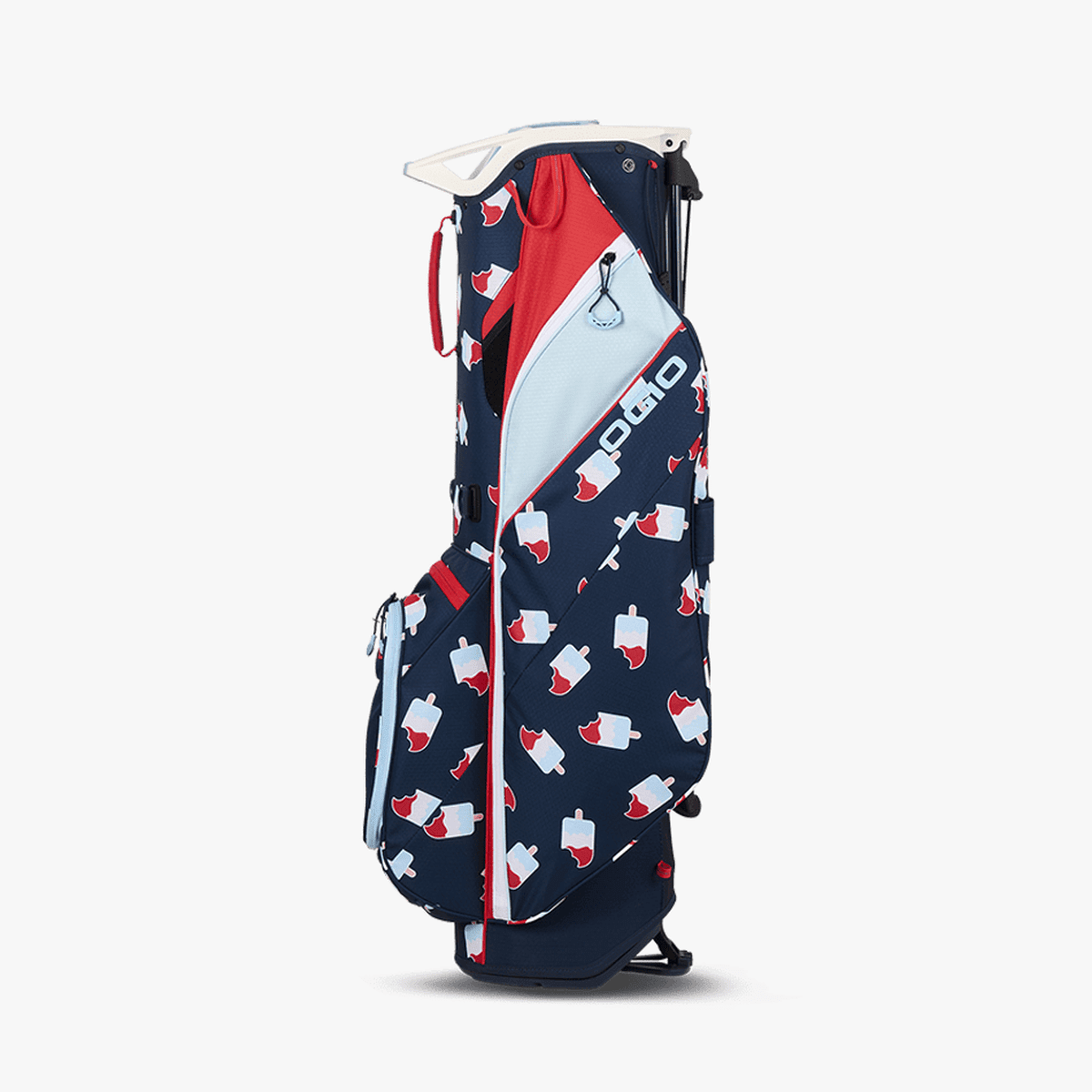 Stand-Golfbag von OGIO in Dunkelblau mit weißen und roten Cocktail-Prints und Logo-Schriftzug.