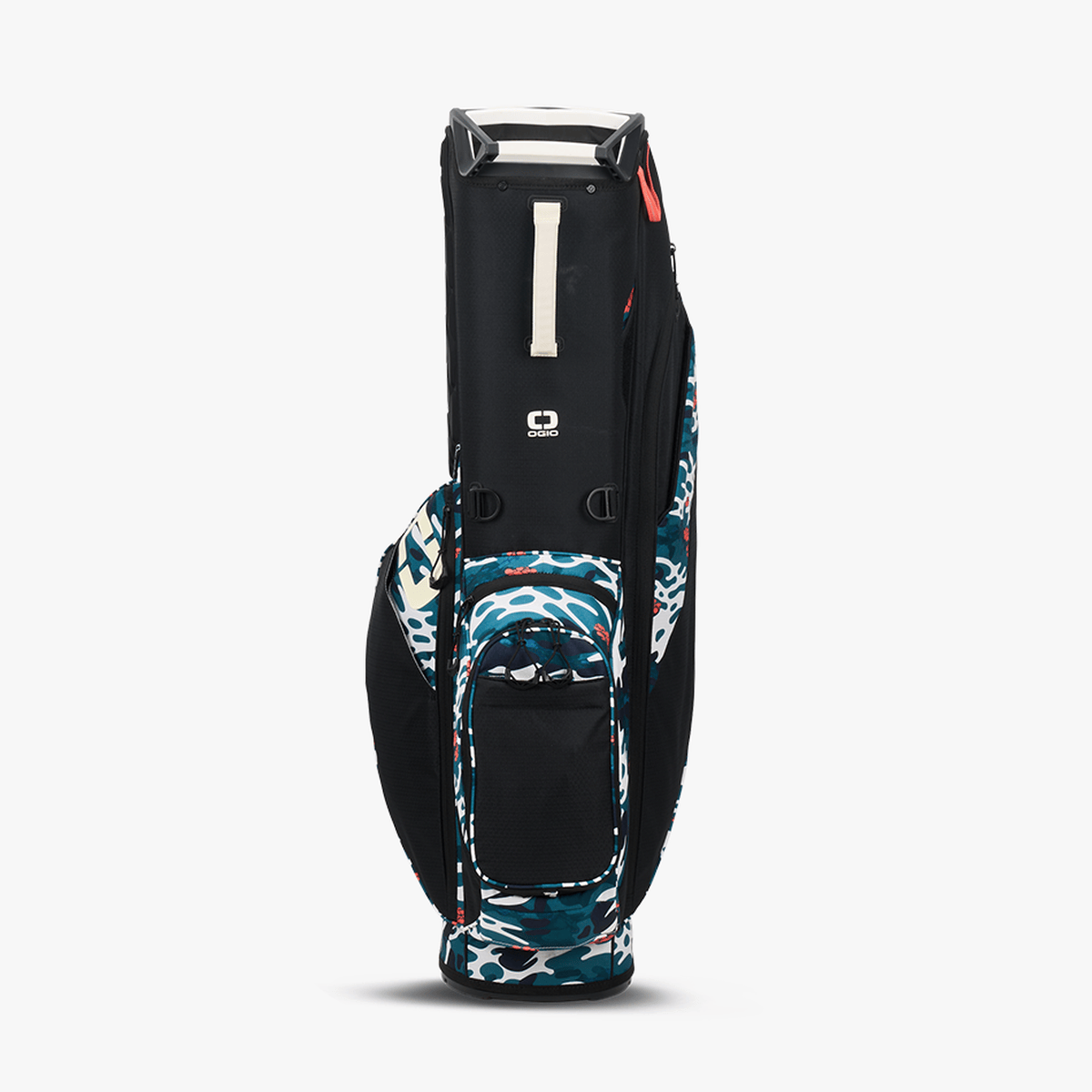 Schwarze OGIO Fuse Standtasche mit blau-weißer Camouflage und schwarzem Reißverschlussfach.