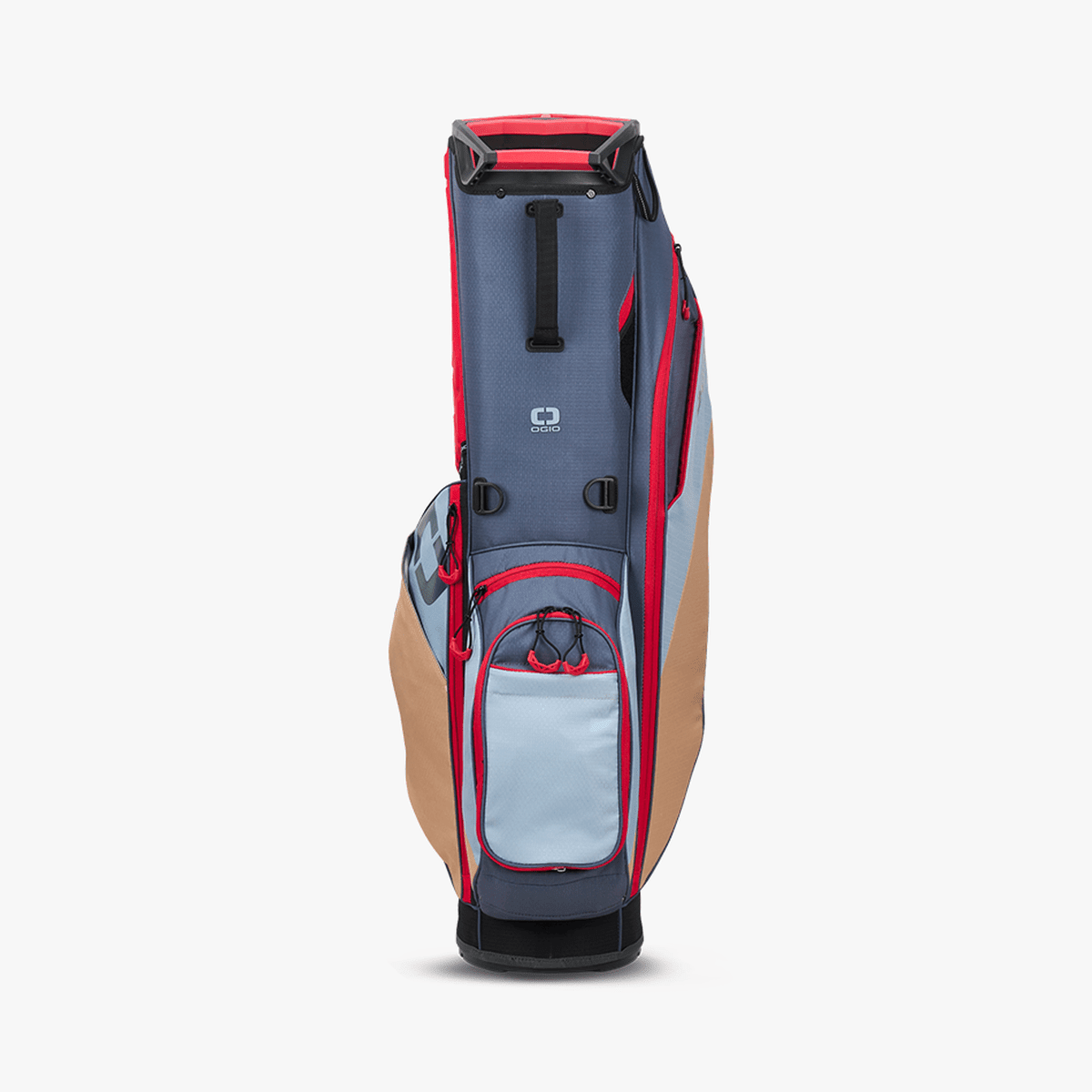 Golf Carrybag OGIO Fuse Stand in Blau, Rot und Beige mit mehreren Taschen und Tragegriffen.