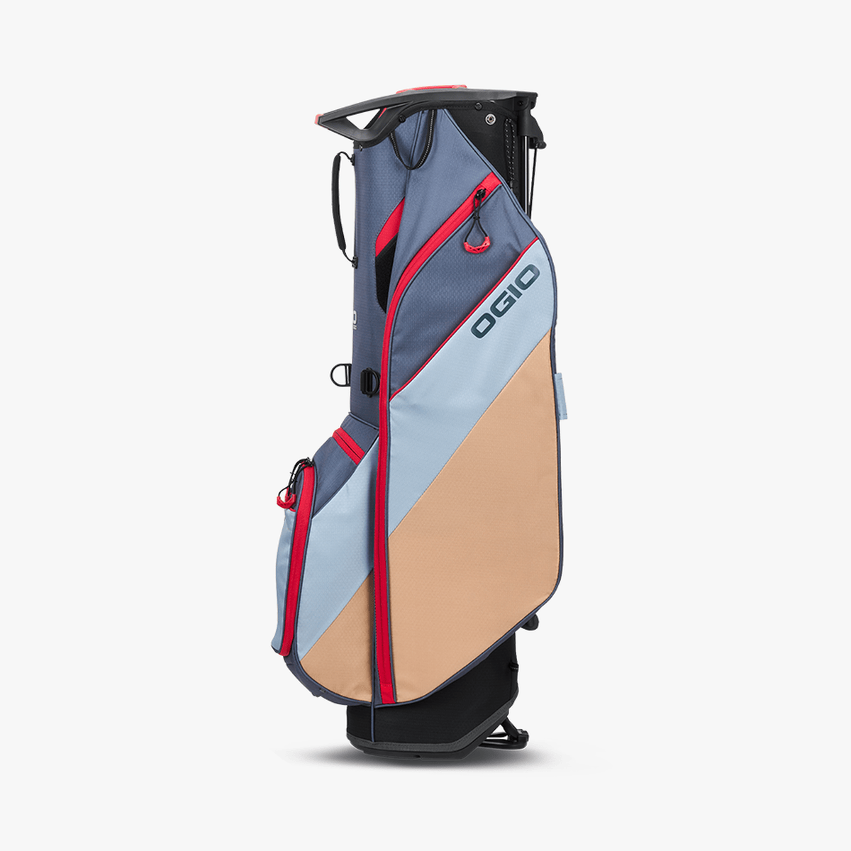 Golfstandtasche OGIO Fuse in Blau, Beige und Rot mit mehreren Reißverschlussfächern.