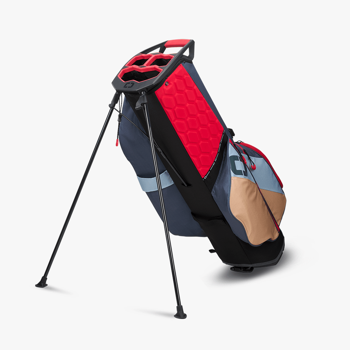 Golfstandtasche in Marineblau mit rotem Innenfach, schwarzen Ständern und beigem Frontfach.